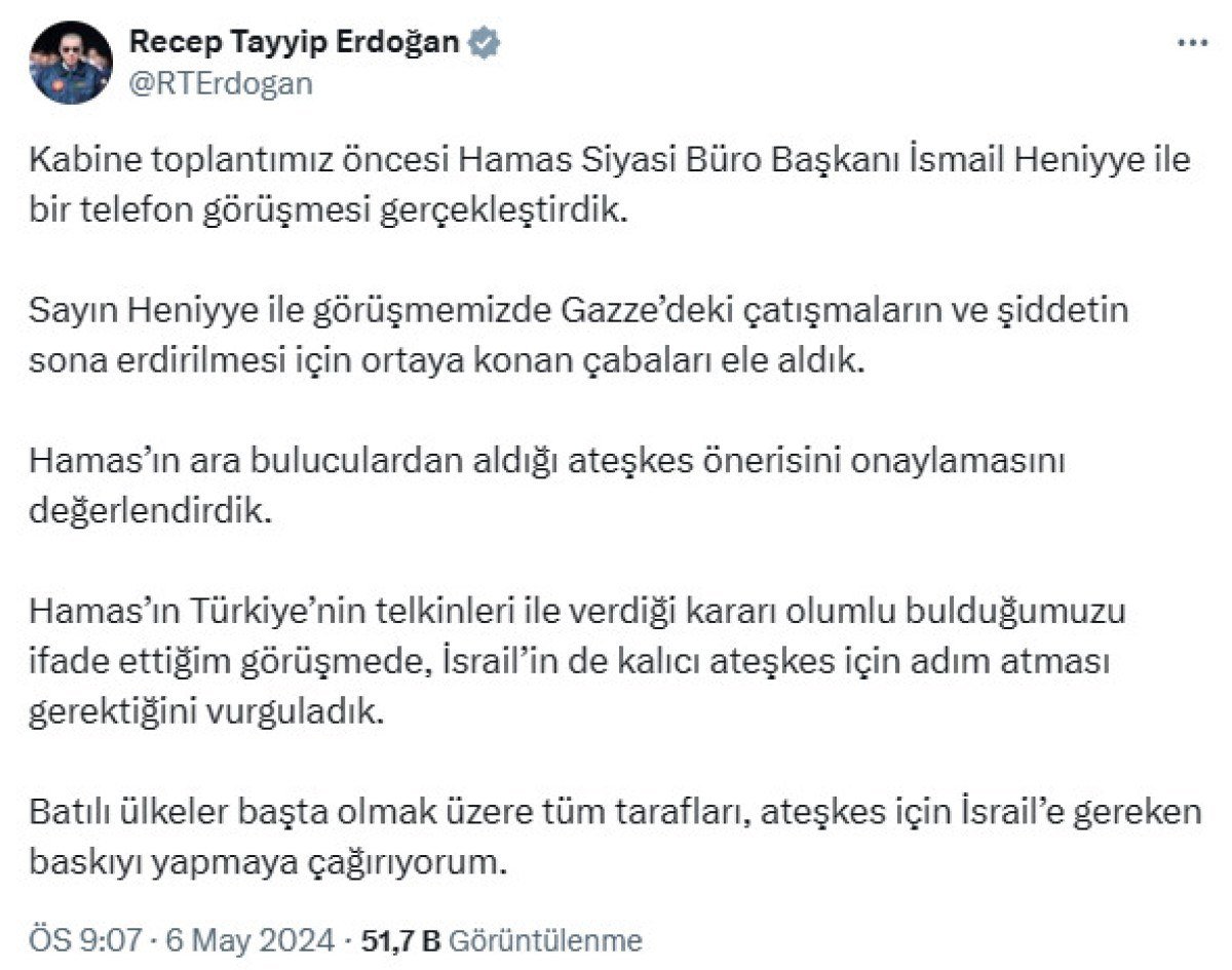 1715049329 750 Cumhurbaskani Erdogan Hamas lideriyle gorustu